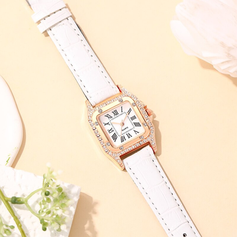 2023-as divatos női órák négyszögletes strasszos kvarc kvarc karóra női alkalmi fehér bőr karóra Reloj Mujer