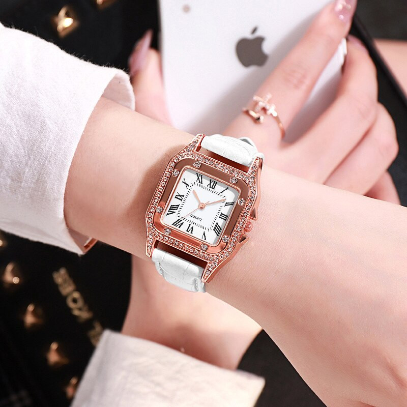 2023-as divatos női órák négyszögletes strasszos kvarc kvarc karóra női alkalmi fehér bőr karóra Reloj Mujer