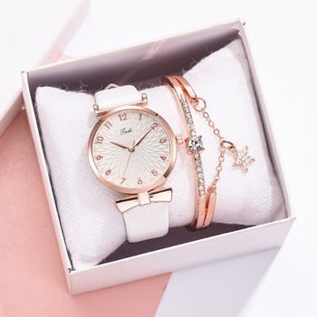 Μόδα γυναικεία ρολόγια Πολυτελές δερμάτινο ρολόι στρας για γυναίκες Γυναικείο ρολόι καρπού χαλαζία με σετ βραχιόλι Reloj Mujer
