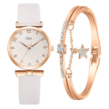 Модни дамски часовници Луксозен кожен часовник с цветя и кристали за жени Дамски кварцов ръчен часовник с комплект гривна Reloj Mujer