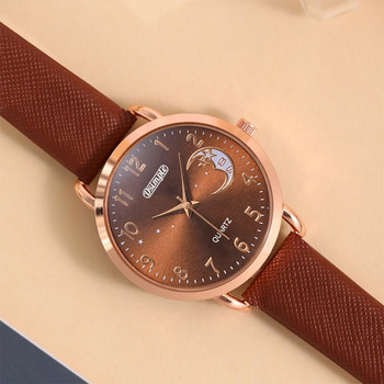 2023 Модни дамски часовници Stars Moons Дамски семпъл кварцов часовник Розово злато Женски ежедневен кожен ръчен часовник Reloj Mujer