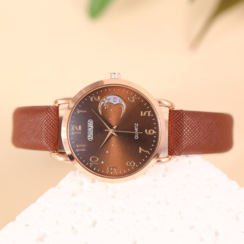 2023 m. madingi moteriški laikrodžiai Žvaigždės Moons Moteriškas paprastas kvarcinis laikrodis Rožinio aukso spalvos moteriškas laisvalaikis odinis rankinis laikrodis Reloj Mujer