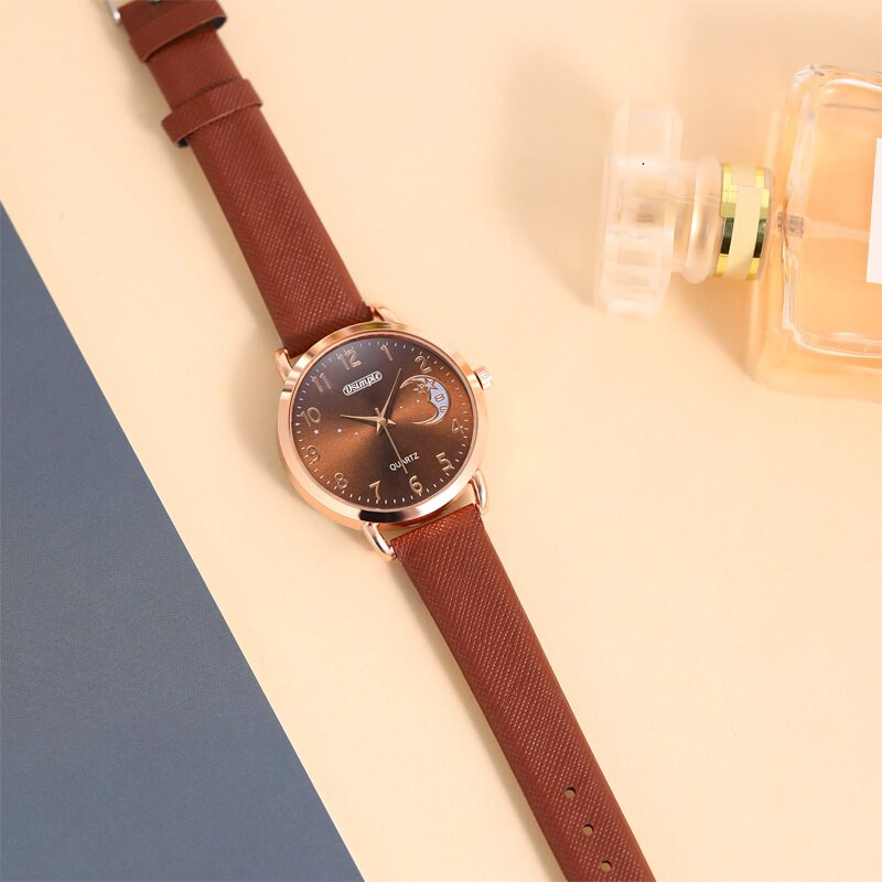 2023 m. madingi moteriški laikrodžiai Žvaigždės Moons Moteriškas paprastas kvarcinis laikrodis Rožinio aukso spalvos moteriškas laisvalaikis odinis rankinis laikrodis Reloj Mujer