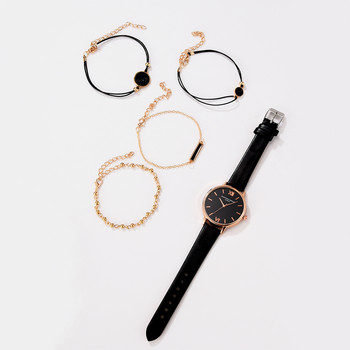 Σετ ρολογιών 5 τμχ Γυναικείο ρολόι χειρός Quartz Δερμάτινο γυναικείο βραχιόλι Πολυτελές ρολόι Casual Relogio Femenino Δώρο για φίλη