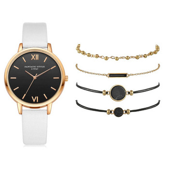 5 τμχ Σετ κορυφαίας μόδας Γυναικείο πολυτελές δερμάτινο λουράκι αναλογικό χαλαζία Ρολόι χειρός Γυναικείο ρολόι Γυναικείο φόρεμα Reloj Mujer Μαύρο ρολόι