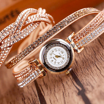 Μόδα Casual Gold Quartz Γυναικείο ρολόι Rhinestone Βραχιόλι από δερμάτινο πλέγμα Δώρο Γυναικείο ρολόι χειρός Relogio Feminino Δώρο