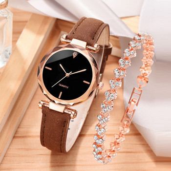 2 бр. Луксозен моден комплект дамски часовници PU кожена каишка Дамски кварцов ръчен часовник Rhinestone RoseGold Alloy гривна за дамски подарък