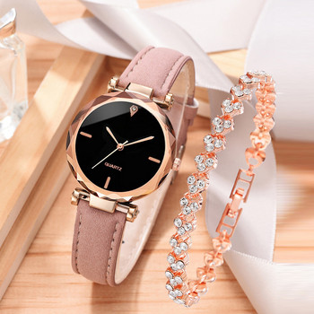 2 τμχ Luxury Fashion Γυναικείο ρολόι Σετ PU Δερμάτινο λουράκι Γυναικείο ρολόι χειρός Χαλαζίας Rhinestone Βραχιόλι από κράμα ροζ χρυσού για γυναικείο δώρο