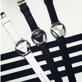Μόδα κοίλο τρίγωνο γυναικεία ρολόγια χαλαζία απλή καινοτομία και δημιουργικό ρολόι χειρός μαύρο λευκό δερμάτινο ρολόι