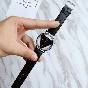 Модни дамски кварцови часовници с кух триъгълник семпла новост и индивидуализъм креативен ръчен часовник черен бял кожен часовник