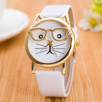 Дамски часовник Geneva с кожена каишка Аналогов кварцов ръчен часовник Leopard Cat Face Очила Детски часовник Дамски часовник Relogio Feminino