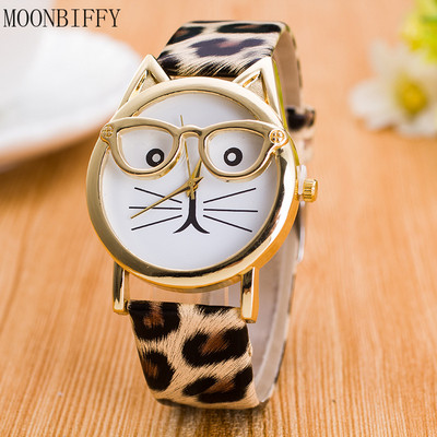 Дамски часовник Geneva с кожена каишка Аналогов кварцов ръчен часовник Leopard Cat Face Очила Детски часовник Дамски часовник Relogio Feminino