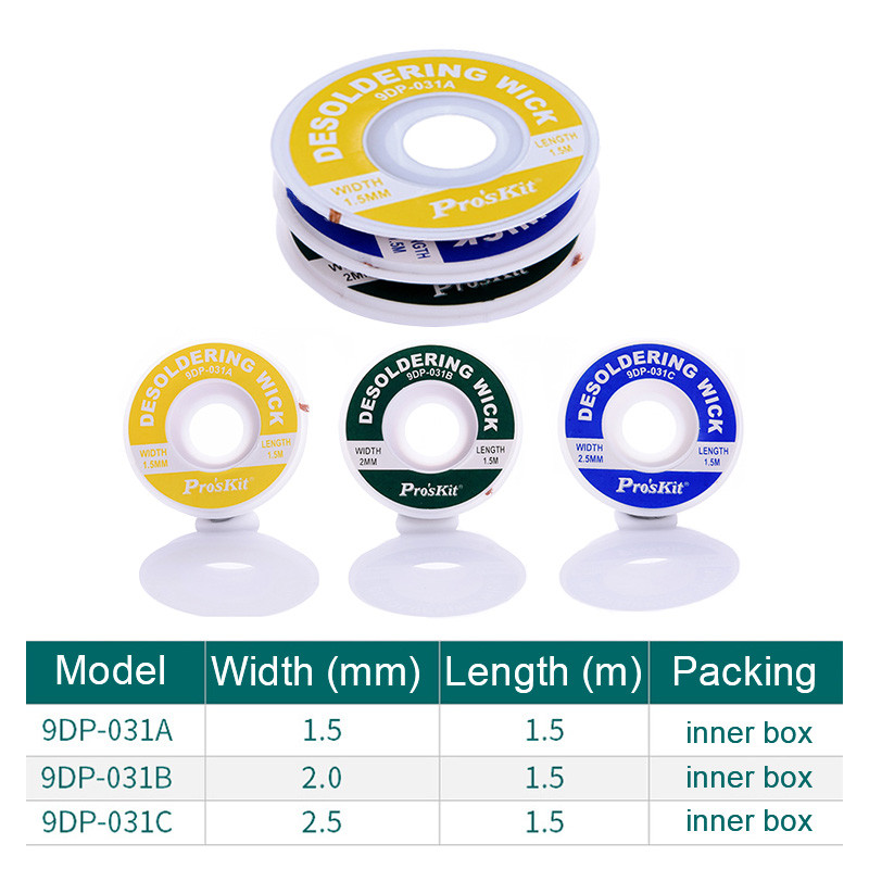 3 db márkájú Pro`sKit kiforrasztó kanóc fonat forrasztó szívó kiforrasztó szivattyú eszköz BGA forrasztó kanóc 1,5 mm 2 mm 2,5 mm