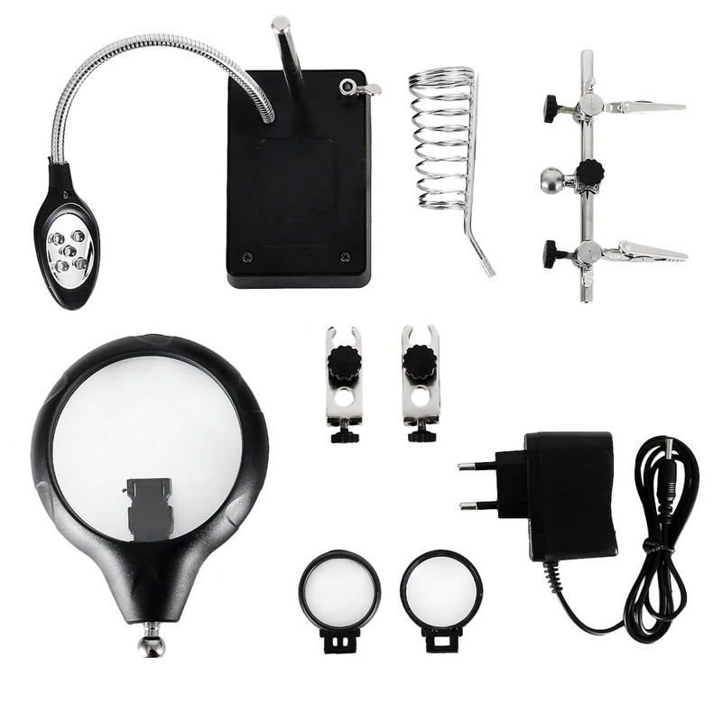 ESPLB Helping Hands trečiosios rankos lituoklio suvirinimo stovas su 5 LED klipų suvirinimo didintuvu padidinamuoju stiklu