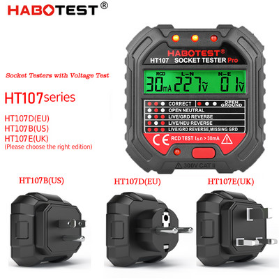 HT107 išvesties lizdo testeris skaitmeninis kištukas kintamosios srovės įtampos aptikimas 30 mA RCD bandymo poliškumo fazės tikrinimo grandinės tikrintuvas dvispalvis foninis apšvietimas