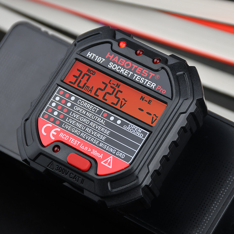 HT107 išvesties lizdo testeris skaitmeninis kištukas kintamosios srovės įtampos aptikimas 30 mA RCD bandymo poliškumo fazės tikrinimo grandinės tikrintuvas dvispalvis foninis apšvietimas