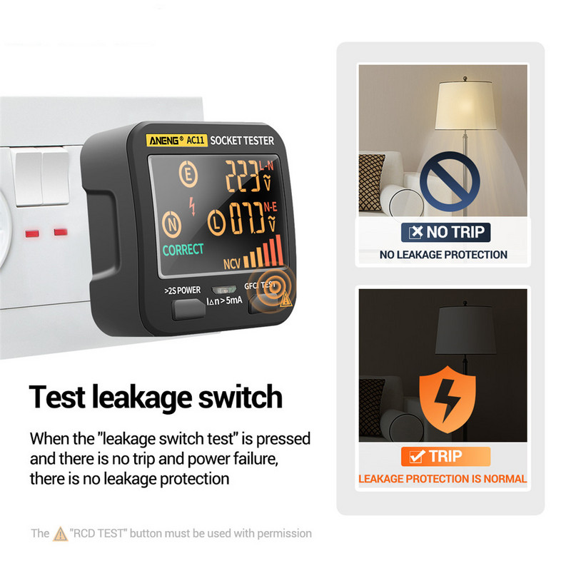 AC11 skaitmeninio lizdo testeris išmanusis įtampos detektorius RCD NCV bandymas JAV / JK / ES / AU kištuko įžeminimo nulinės linijos kištuko poliškumo fazės patikrinimas
