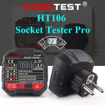 HABOTEST HT106 RCD Test Socket Tester AC 250V Circuit Fault Detector EU UK Plug Zero Ground Live Wire Breaker Finder LCD