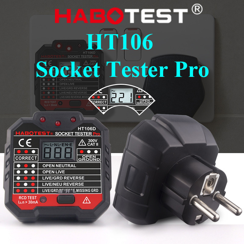 HABOTEST HT106 RCD testa kontaktligzdas testeris maiņstrāvas 250 V ķēdes defektu detektors EU UK Plug Zero Ground Live Wire Breaker Finder LCD displejs