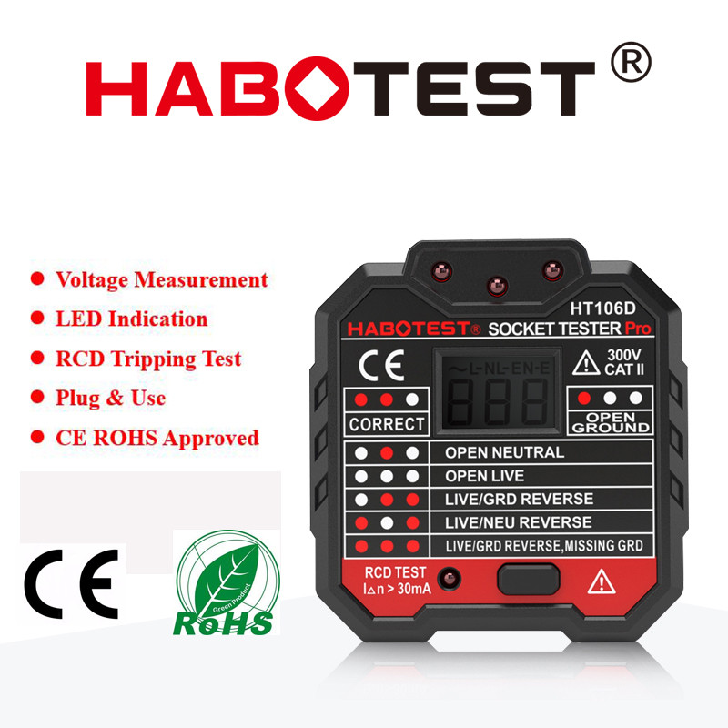 HABOTEST HT106 RCD testa kontaktligzdas testeris maiņstrāvas 250 V ķēdes defektu detektors EU UK Plug Zero Ground Live Wire Breaker Finder LCD displejs