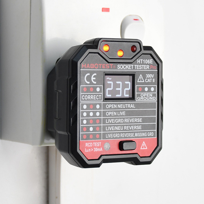 HABOTEST HT106 RCD testa kontaktligzdas testeris maiņstrāvas 250 V ķēdes defektu detektors EU UK Plug Zero Ground Live Wire Breaker Finder LCD displejs