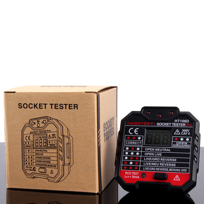HABOTEST HT106 RCD testa kontaktligzdas testeris maiņstrāvas 250 V ķēdes defektu detektors EU UK Plug Zero Ground Live Wire Breaker Finder LCD displejs