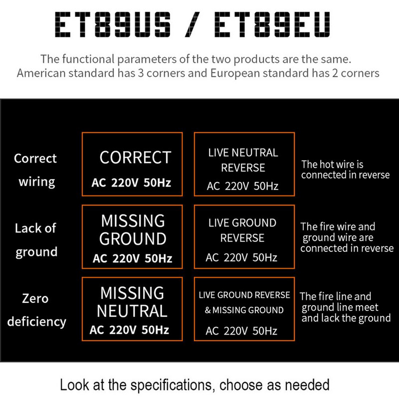 TOOLTOP ET89 lizdo detektorius Nešiojamas skaitmeninis ekranas Elektros lizdo testeris Įtampos dažnio laidų testeris RCD bandymas ES / JAV