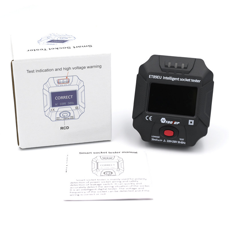 TOOLTOP ET89 lizdo detektorius Nešiojamas skaitmeninis ekranas Elektros lizdo testeris Įtampos dažnio laidų testeris RCD bandymas ES / JAV