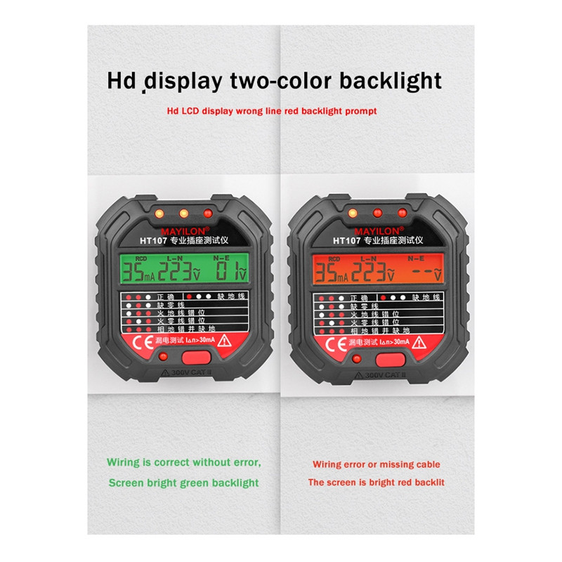 MAYILON HT107B kontaktligzdas testera sprieguma pārbaudes ligzdas detektors 90-250V automātiskās elektriskās ķēdes polaritātes sprieguma detektors