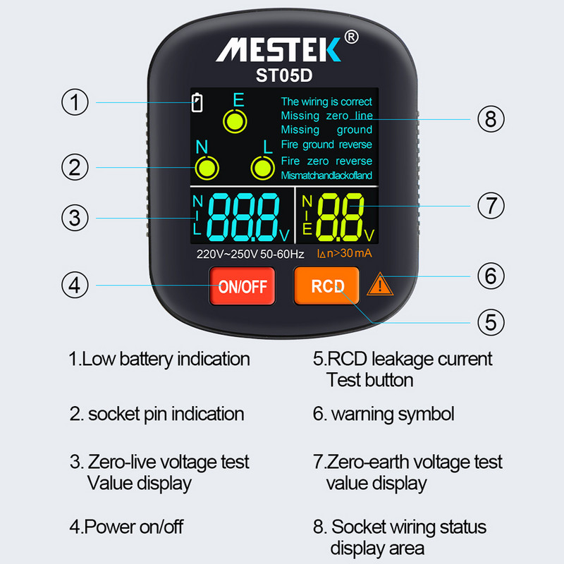 Tester digital de priză Detector inteligent de tensiune RCD Tester de tensiune 30-250 V Instrument de verificare a fază a polarității la sol cu afișaj color