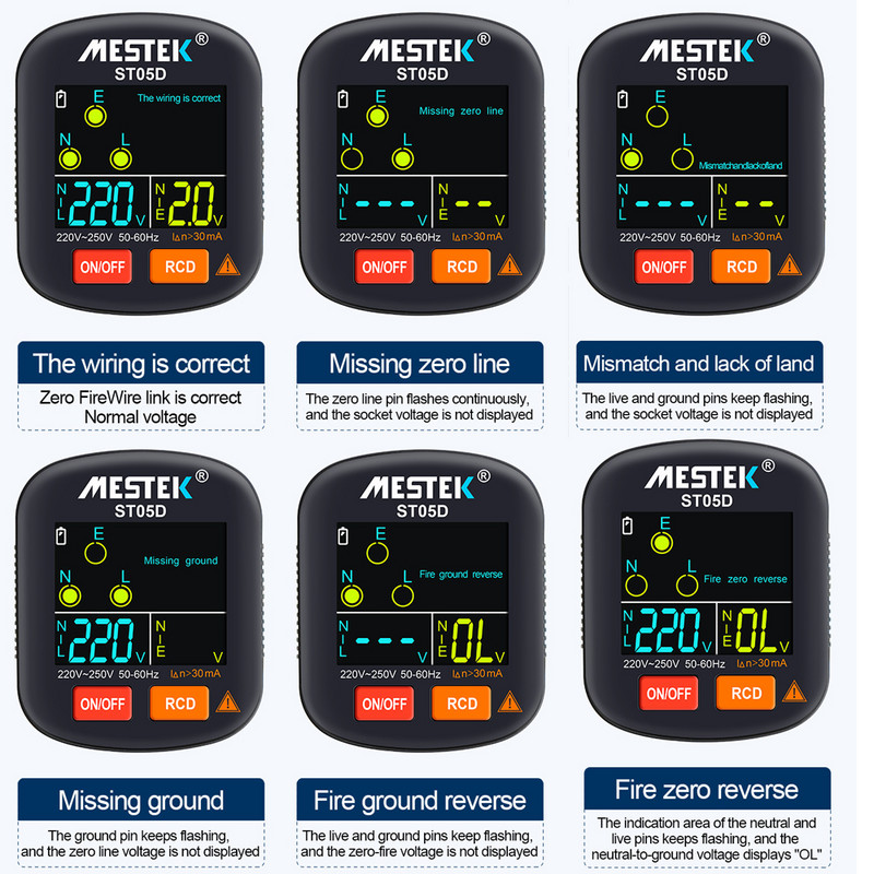 Tester digital de priză Detector inteligent de tensiune RCD Tester de tensiune 30-250 V Instrument de verificare a fază a polarității la sol cu afișaj color