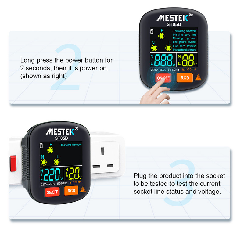 Tester digital de priză Detector inteligent de tensiune RCD Tester de tensiune 30-250 V Instrument de verificare a fază a polarității la sol cu afișaj color