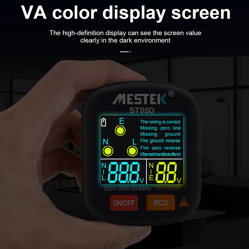 Tester digital de priză Detector inteligent de tensiune RCD Tester de tensiune 30-250 V Instrument de verificare a fază a polarității la sol cu afișaj color