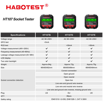 HT107 Тестер за изходен контакт Детектор на напрежение Намерител на електрически прекъсвач RCD детектор Проверка на полярността на фазата с подсветка