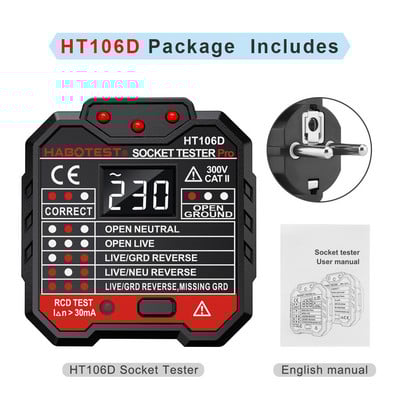 Tester de priză de polaritate a circuitului HABOTES GFCI 90-250V Tester de priză Detector automat de tensiune de polaritate a circuitului electric HT106