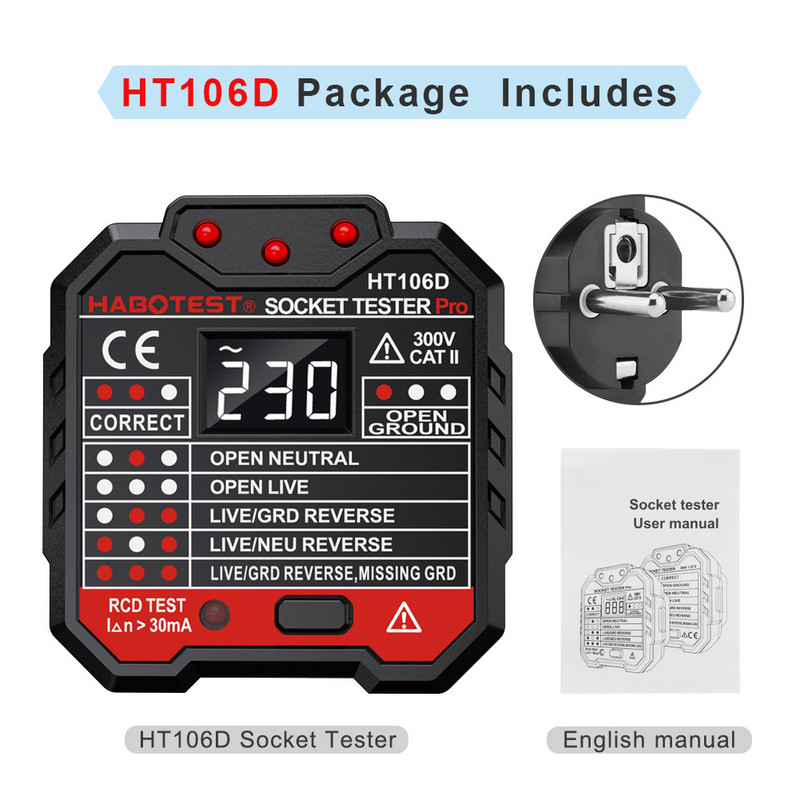 Tester de priză de polaritate a circuitului HABOTES GFCI 90-250V Tester de priză Detector automat de tensiune de polaritate a circuitului electric HT106