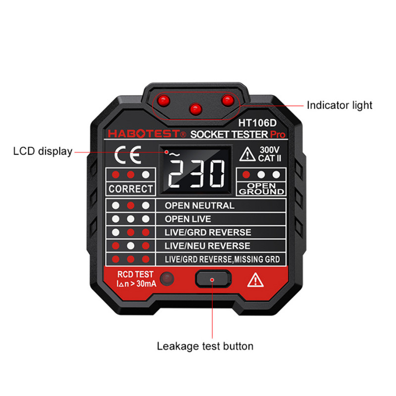 Tester de priză de polaritate a circuitului HABOTES GFCI 90-250V Tester de priză Detector automat de tensiune de polaritate a circuitului electric HT106