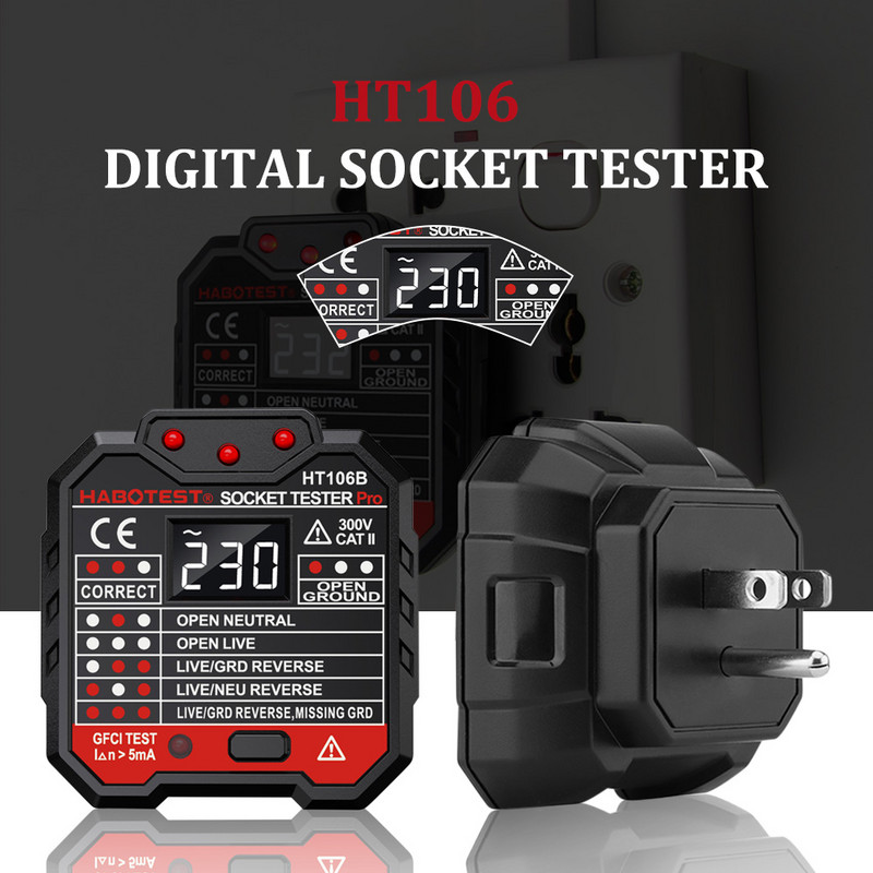 Tester de priză de polaritate a circuitului HABOTES GFCI 90-250V Tester de priză Detector automat de tensiune de polaritate a circuitului electric HT106