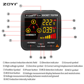 ZOYI Socket Tester Digital EU/US/UK Plug Smart Outlet Checker Проверка на домашната верига LCD Фазова последователност/Детектор за безконтактно напрежение
