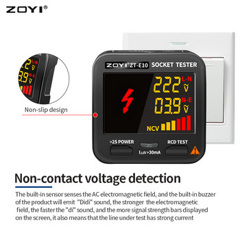 ZOYI Socket Tester Digital EU/US/UK Plug Smart Outlet Checker Проверка на домашната верига LCD Фазова последователност/Детектор за безконтактно напрежение