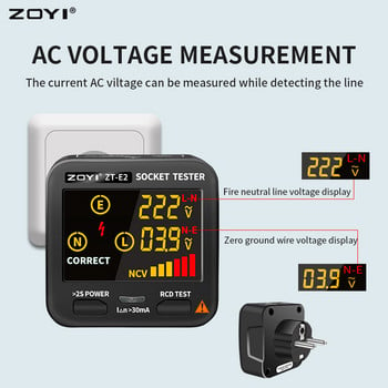 ZOYI Socket Tester Digital EU/US/UK Plug Smart Outlet Checker Проверка на домашната верига LCD Фазова последователност/Детектор за безконтактно напрежение