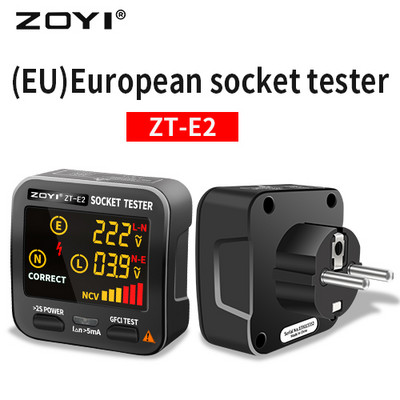 ZOYI Socket Tester Skaitmeninis EU/US/JK Plug Smart Outlet tikrintuvas Namų grandinės patikrinimas LCD Fazių sekos/bekontaktinės įtampos detektorius