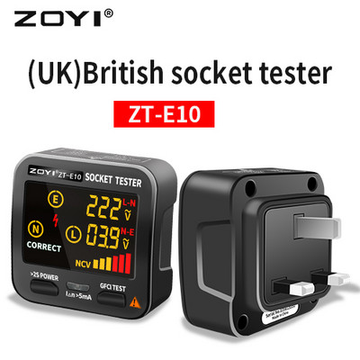 ZOYI Socket Tester Skaitmeninis EU/US/JK Plug Smart Outlet tikrintuvas Namų grandinės patikrinimas LCD Fazių sekos/bekontaktinės įtampos detektorius