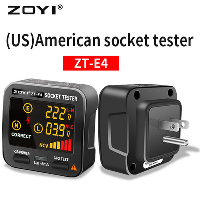 ZOYI Socket Tester Skaitmeninis EU/US/JK Plug Smart Outlet tikrintuvas Namų grandinės patikrinimas LCD Fazių sekos/bekontaktinės įtampos detektorius