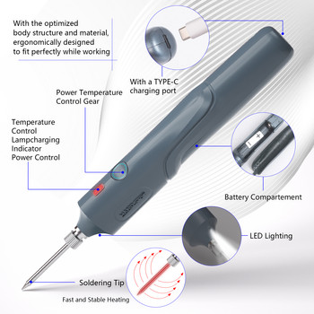 Μπαταρία 10W Συγκολλητικό σίδερο 3 βημάτων Ρύθμιση θερμοκρασίας Γρήγορη λειτουργία Συγκόλληση μικροσκοπικών ηλεκτρονικών εξαρτημάτων Φόρτιση τύπου C