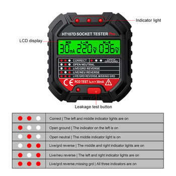 Έλεγχος πρίζας HT107 Pro Ψηφιακό βύσμα Ανίχνευση τάσης εναλλασσόμενου ρεύματος 30 mA Δοκιμή RCD πολικότητα Έλεγχος φάσης Έλεγχος κυκλώματος Δίχρωμη οπίσθια σύνδεση
