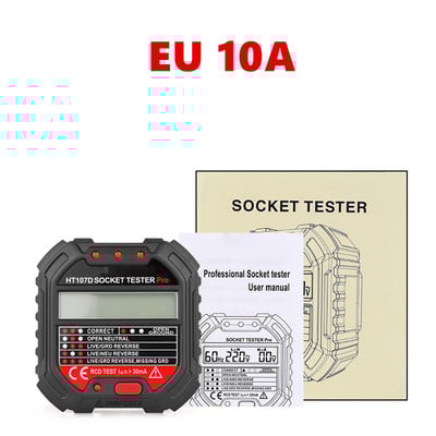 HT107 išvesties lizdo testeris skaitmeninis kištukas kintamosios srovės įtampos aptikimas 30 mA RCD bandymo poliškumo fazės tikrinimo grandinės tikrintuvas dvispalvis foninis apšvietimas