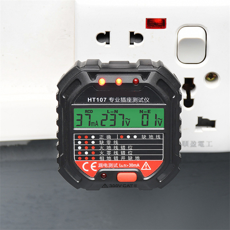 HT107 išvesties lizdo testeris skaitmeninis kištukas kintamosios srovės įtampos aptikimas 30 mA RCD bandymo poliškumo fazės tikrinimo grandinės tikrintuvas dvispalvis foninis apšvietimas