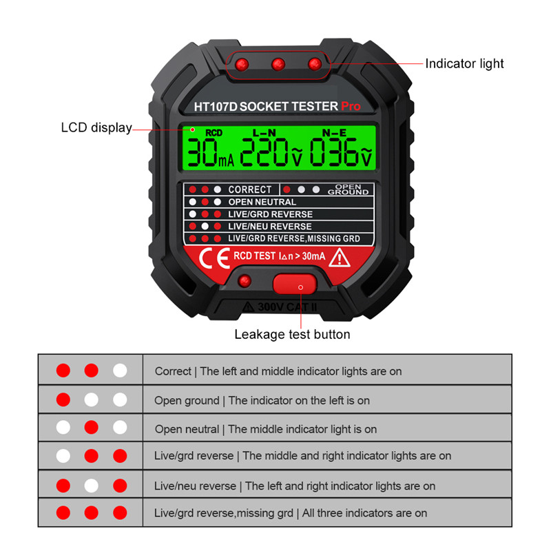 HT107 išvesties lizdo testeris skaitmeninis kištukas kintamosios srovės įtampos aptikimas 30 mA RCD bandymo poliškumo fazės tikrinimo grandinės tikrintuvas dvispalvis foninis apšvietimas