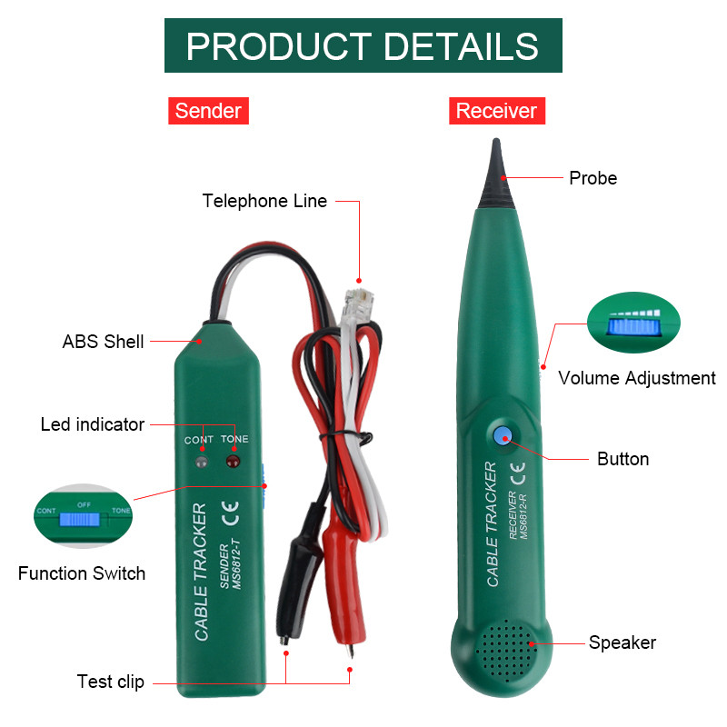 MS6812 telefonijuhtmete jälgimise tööriistakomplekt LAN-võrgu kaablijälgija testeri liiniotsija koos kotiga tasuta kohaletoimetamine UTP STP Cat5 jaoks